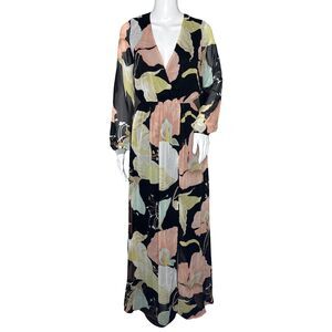 Lulus Dress Womens XS Black Pink Floral Flower Wondrous Water Lillies Maxi Dress